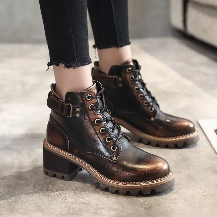 

Classics Square Heel Ankle Vintage Boots for Women Round Toe High Casual Lace-Up Autumn Winter Boots Bling Shallow Shoes