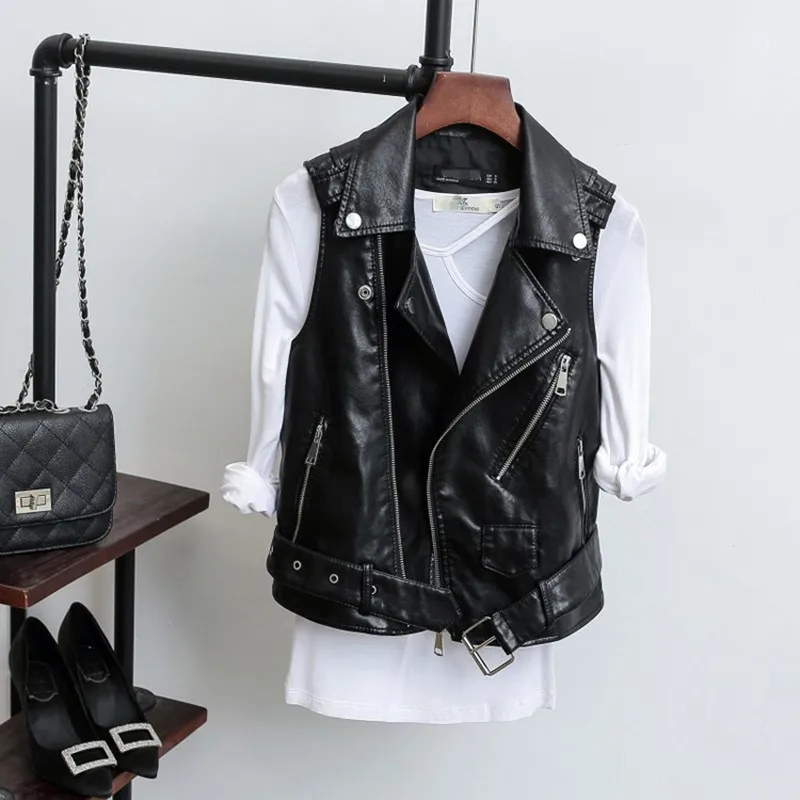 

Black Sleeveless Pu Leather Jackets Women Spring Autumn Zipper Vest Female Motorcycle Jacket 2019 Fashion Waistcoat Rivet Vests