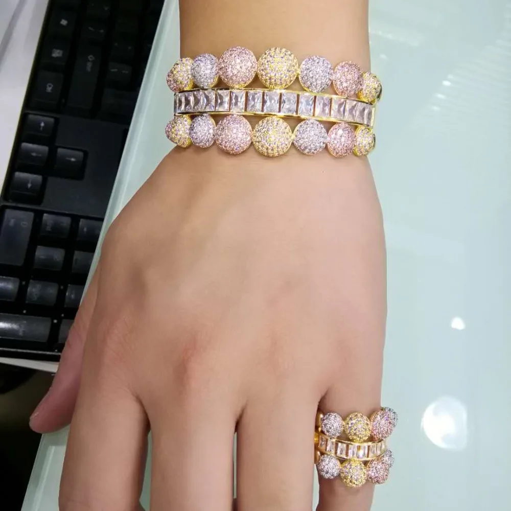 

GODKI Luxury Bubble Fashion Super Sparkling Geometry AAA Cubic Zirconia Women Width Bracelet Bangle And Ring Set High Jewelry