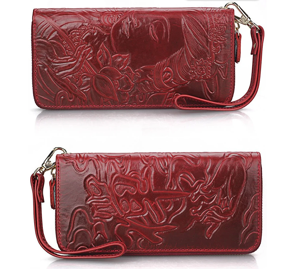 

New fashionable creative lady zipper vintage purse genuine leather hand leather carving with Wallet W3-233
