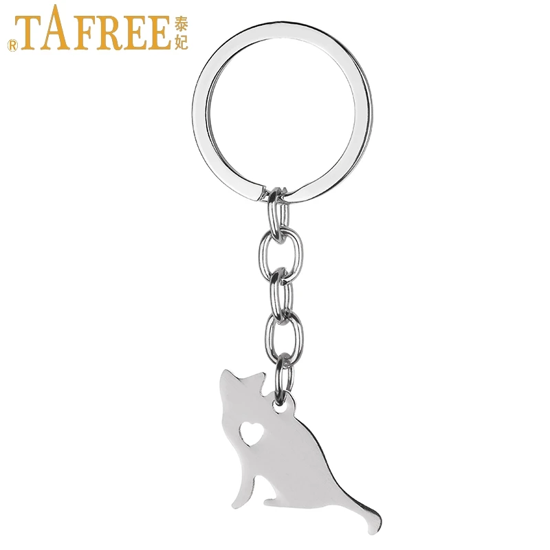 

TAFREE Fashion Lovely Little Cat Keychain high quality stainless steel cat shaped pendant key chain ring holder for women men