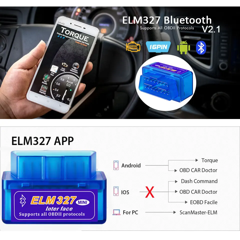 50 шт./лот ELM327 v2.1 Bluetooth OBD2 ELM 327 v2.1 OBDII Авто код читателя OBD2 диагностический инструмент для Android/Windows