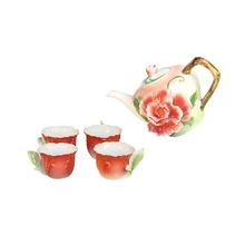 3D пион Цвет эмаль Кофе Чай горшок кружка набор Китайский кунг-фу Drinkware полноценно костяного фарфора Керамика друг подарок 100