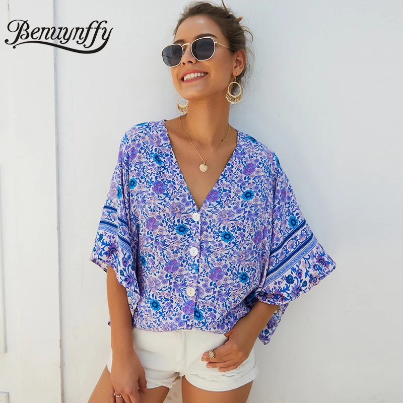

Benuynffy Boho Print V-Neck Half Sleeve Blouse Women Holiday Style Casual Button Shirts Female Tops Clothing