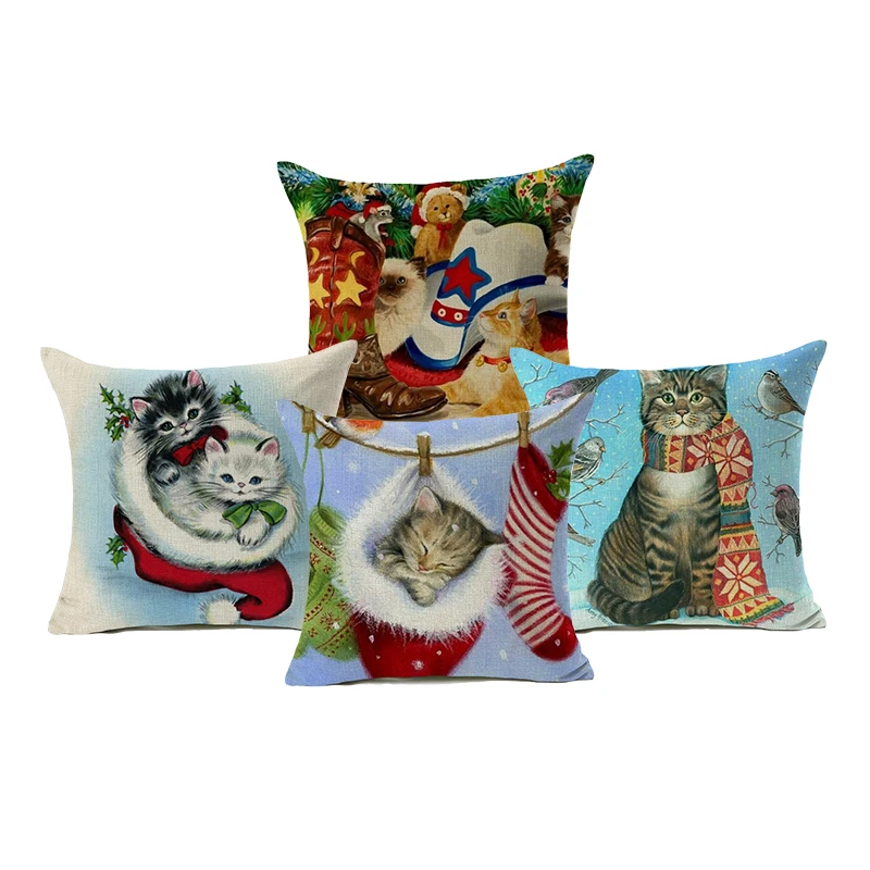 

Cute Christmas Stocking Kitten Cats Throw Pillow Covers Comfortable Modern Living Room Dining Chair Decorative Pillows Case
