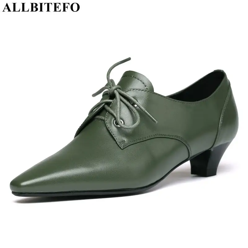 

ALLBITEFO fashion brand genuine leather pointed toe low-heeled office ladies shoes spring women heels party women shoes