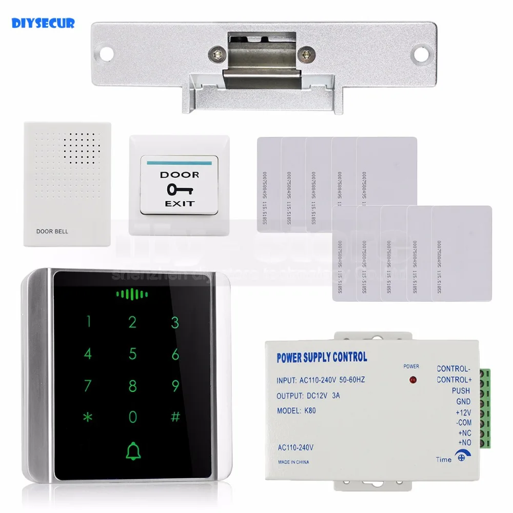 

DIYSECUR 125KHz RFID Reader Password Keypad + Electric Strike Lock + Door Bell Access Control System Security Kit