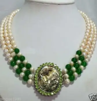 

Wonderful Lucky Jewelry Natural 3 row white Akoya pearl & green stone necklace wideFactory direct sale Factory wholesale price