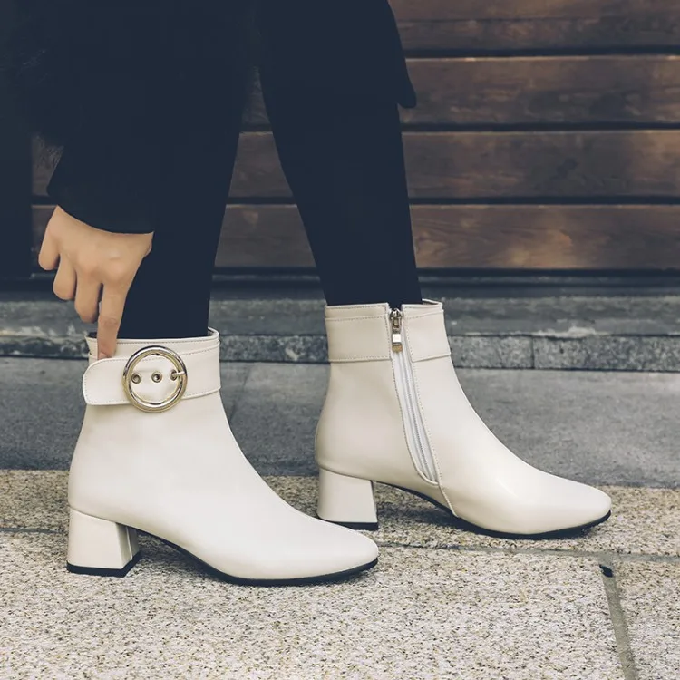 

Big Size 11 12 13 European and American style square head thick heel side zipper wicker metal decorative boots
