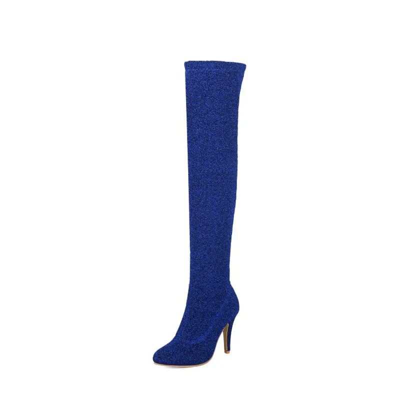 Sianie Tianie/пикантная блестящая тянущаяся ткань на тонком высоком каблуке; цвет синий, красный, серебристый; ботфорты выше колена; женские высокие ботинки