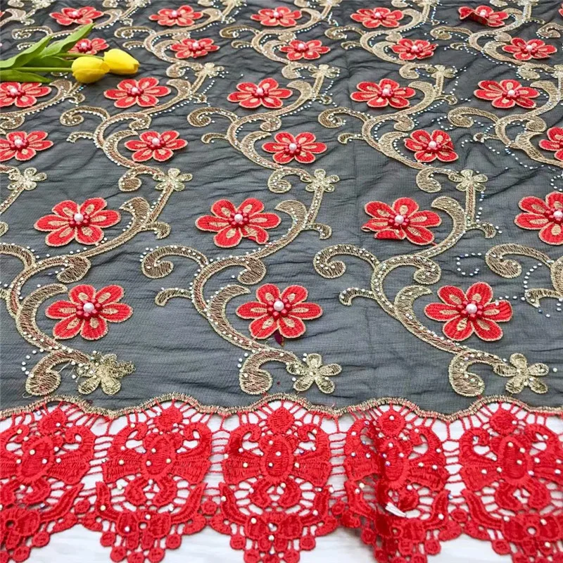 

HFX High Society Fabric Lace African Applique Embroidered Beaded Tulle Lace French Guipure Net Lace Fabric with Stones X1215-1