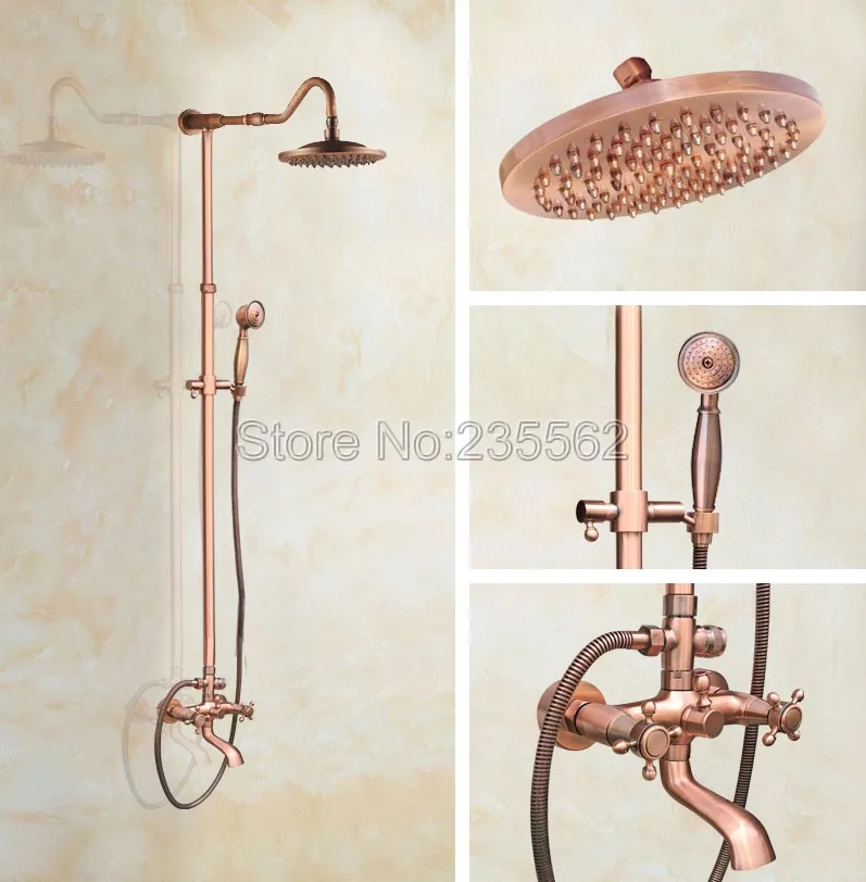 

Antique Red Copper Bathroom Rain Shower Faucet Set Dual Handle Tub Mixer Tap Wall Mounted with Handheld Shower Spray lrg649