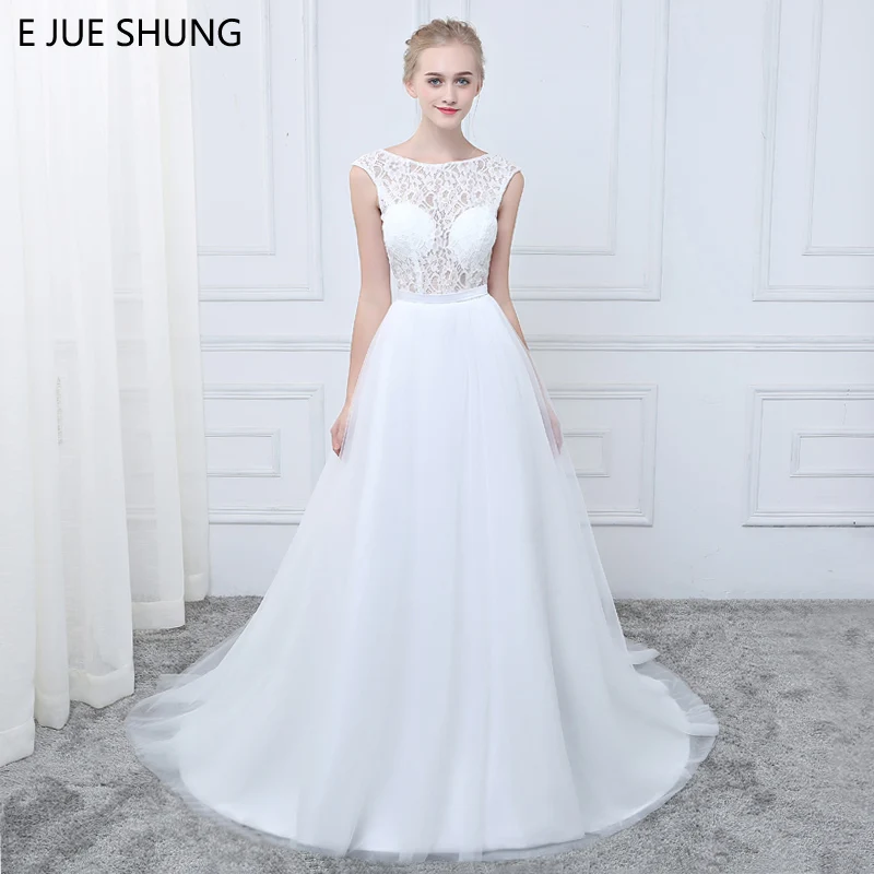 E Jue Shung White Lace Wedding Dresses 2018 Backless Cap Sleeves