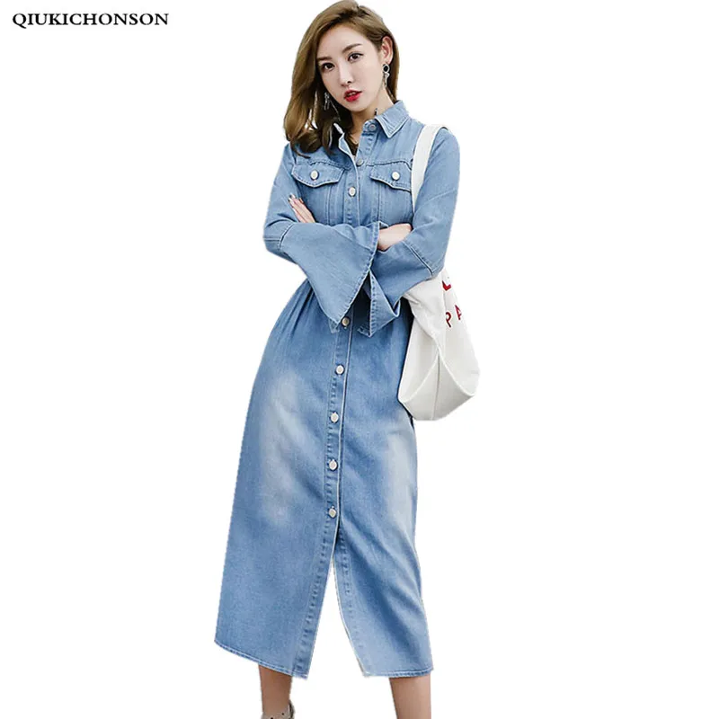 Women Denim Dress Autumn 2018 Korean Fashion Slim Elastic Waisted ...