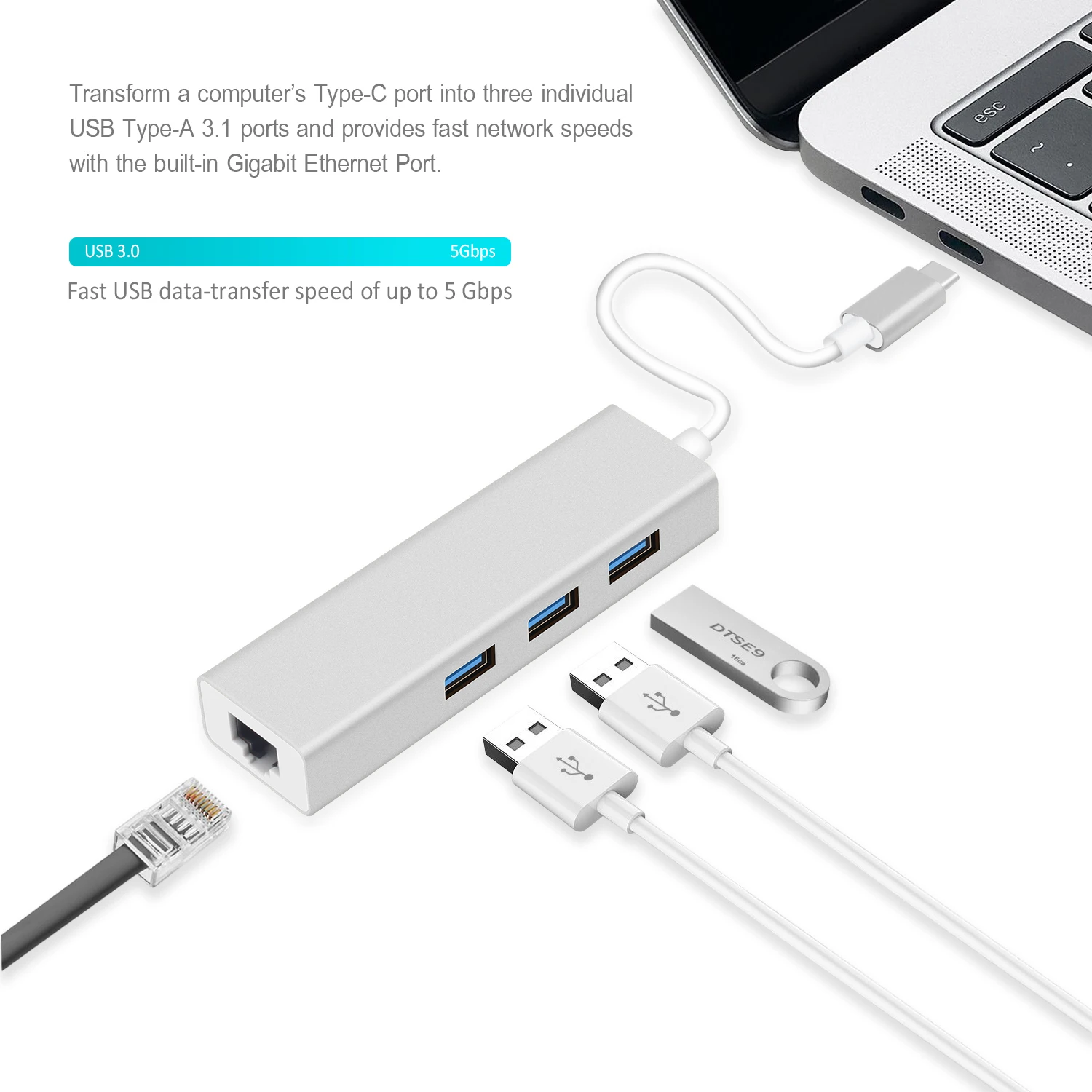 USB C Ethernet адаптер с 3 USB 3,0 концентратор для MacBook Pro ПК, GOOJODOQ концентратор USB Type C Gigabit Ethernet Rj45 Lan USB C концентратор