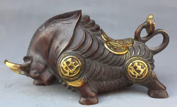 

20CM Chinese Folk Bronze Gilt Wealth Coins Zodiac Year Oxen Cattle Animal Statue