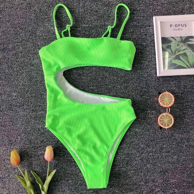 

Sexy None Green Ribbed Cut Out One Piece Swimsuit 2019 Women Hollow Out Swimwear Female Bather Bathing Suit Swim Wear Monokini