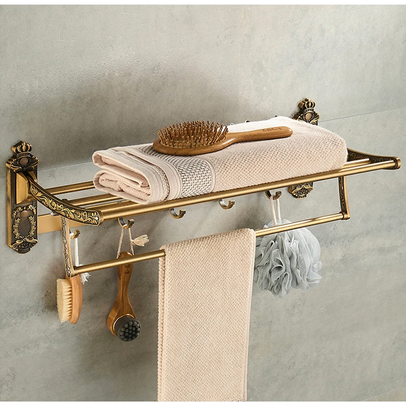 Ногтей складной дизайнерское банное полотенце стойки Active античный латунный держатель для полотенец двойная рейка для полотенец с крючок, Товары для ванной