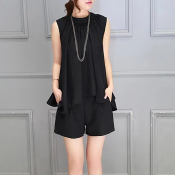 

2019 New Fahion Women Tops Shorts Two-piece Loose Fashion Casual Round Collar Sleeveless Solid Color Sets