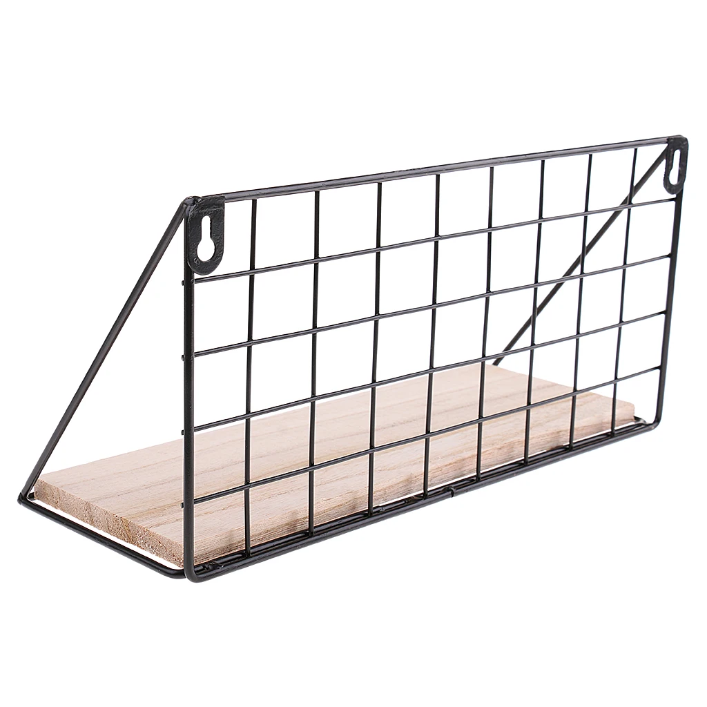Baoblaze Metal & Wooden Wall Grid Hanging Shelf Kitchen Bathroom Decor Home Furnishing Storage Display Stand Rack Holder