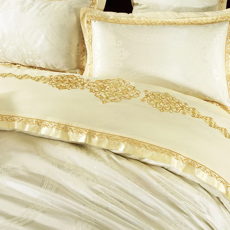 Waliicorners Gold Silver Beige Luxury Silk Jacquard Bedding set Queen King size Duvet cover set Embroidery Bed sheet Linen set Pillowcases 11 6