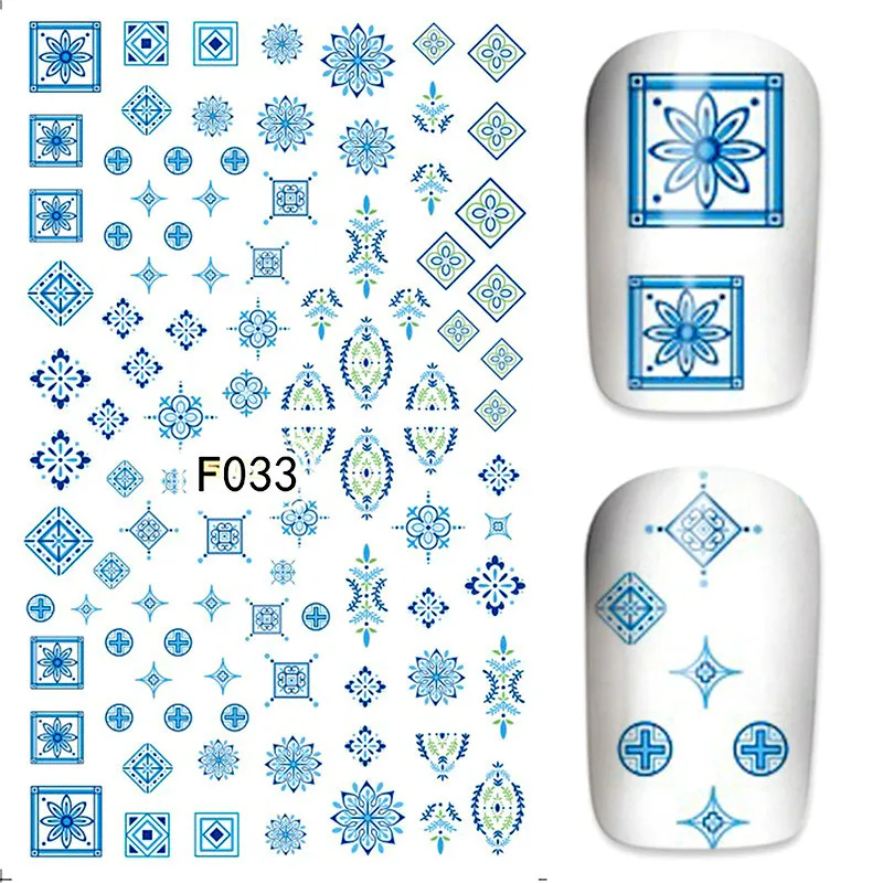 Синий цветок геометрические узоры наклейки водяные для ногтей Искусство