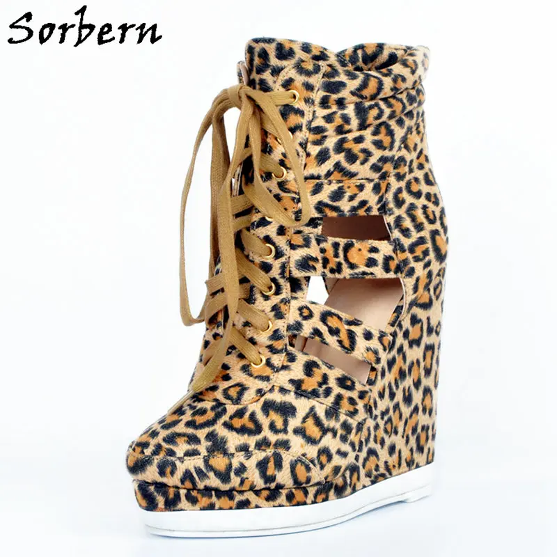 

Sorbern Leopard Wedges Heels Wedges Hollow Out Side Ankle High Boots Lace-Up European Shoes Womens Boots Spring Fetish Shoes