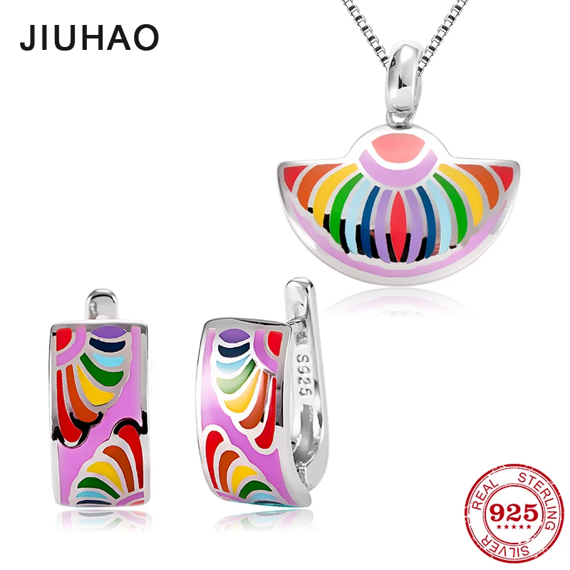 

Jewelry set Colorful ribbon flower Earring for women 925 Sterling Silver charms Fashion pendant Earrings Party Colorful Enamel