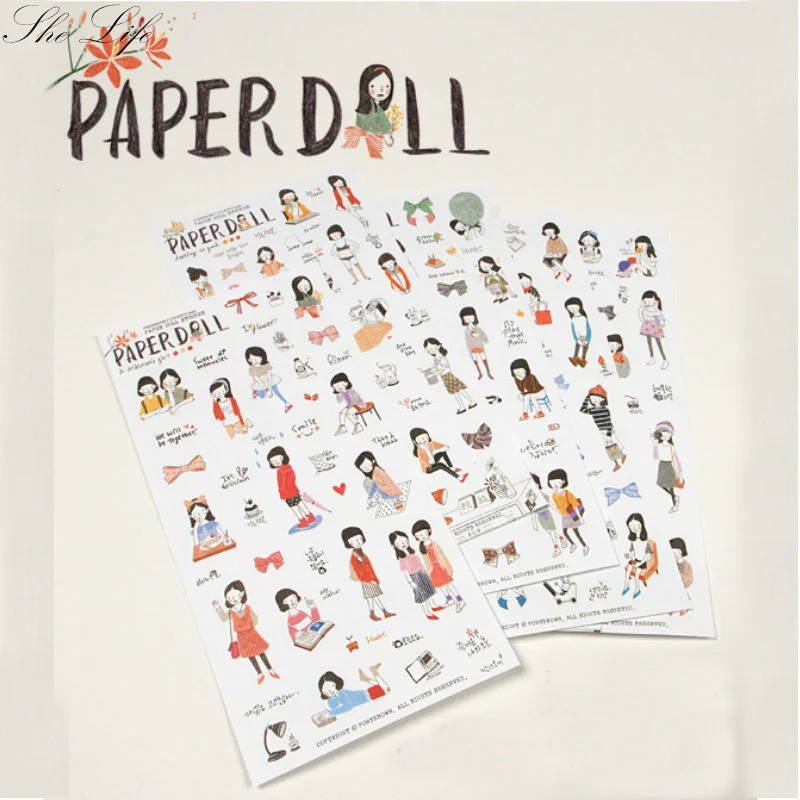 6 Sheets Paper Doll Pencil Drawing Style Scrapbooking Stickers Cartoon Planner Book Diary