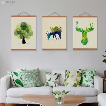 

Abstract Deer Head Tree Birds Wooden Framed Canvas Paintings Triptych Nordic Home Decor Wall Art Print Pictures Poster Scroll