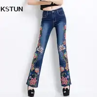 Women Embroidered Beaded Jeans Rhinestone Bell Bottom Flared Pants Elasticity Luxury Sexy Ladies High Waist Push Up Female Jeans