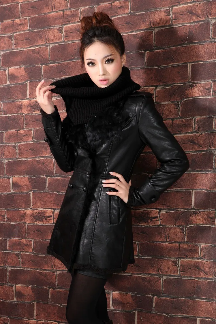 Новые модные зимние женские Куртки из искусственной мягкой искусственной кожи с меховым воротником черное двубортное пальто длинное пальто больших размеров BL0257