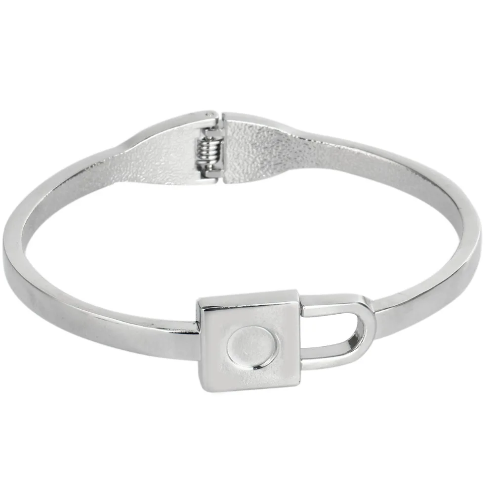 Woman Silver Plated Lock Open Cuff Bracelet Minimalist Jewelry Bangle