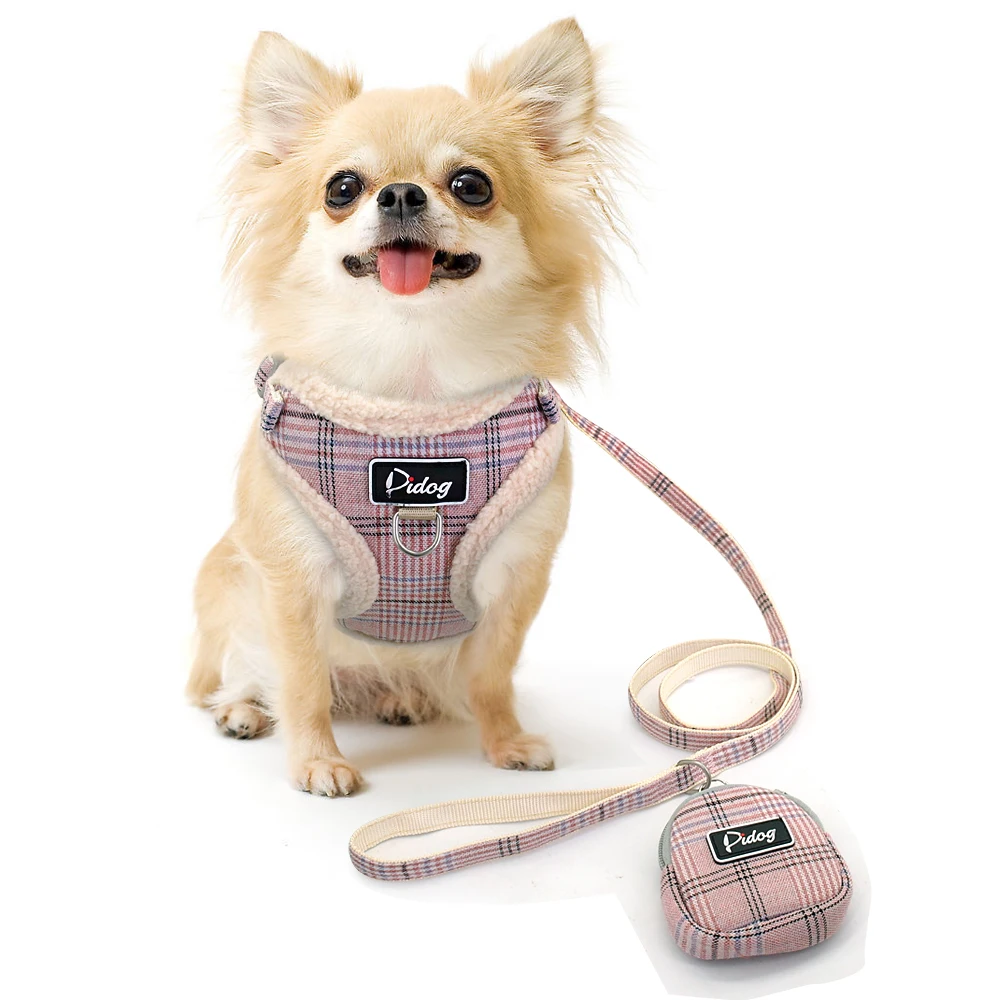 Классическая клетчатая собачья шлейка для маленьких собак, сетчатая нейлоновая шлейка для животных и поводок, набор для чихуахуа, мопса, жилет для прогулок, веревка с сумочкой