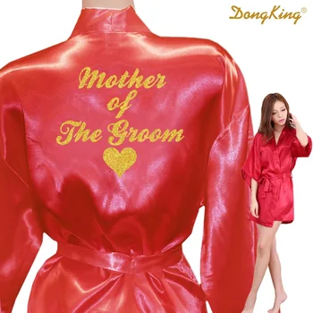 

DongKing MOTHER OF THE GROOM Robes Bridal Party Robe Mother of the Groom Heart Golden Glitter Print Faux Silk Kimono Satin Robes
