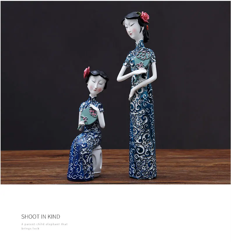Китайский стиль смолы классические статуэтки леди синий и белый фарфоровый чеонгсам леди миниатюрный орнамент Декор для гостиной подарки