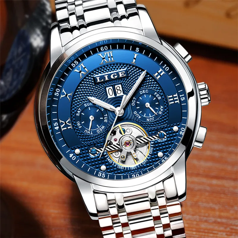 LIGE Лидирующий бренд Роскошные мужские часы деловые автоматические механические часы мужские полностью стальные спортивные водонепроницаемые часы Relogio Masculino