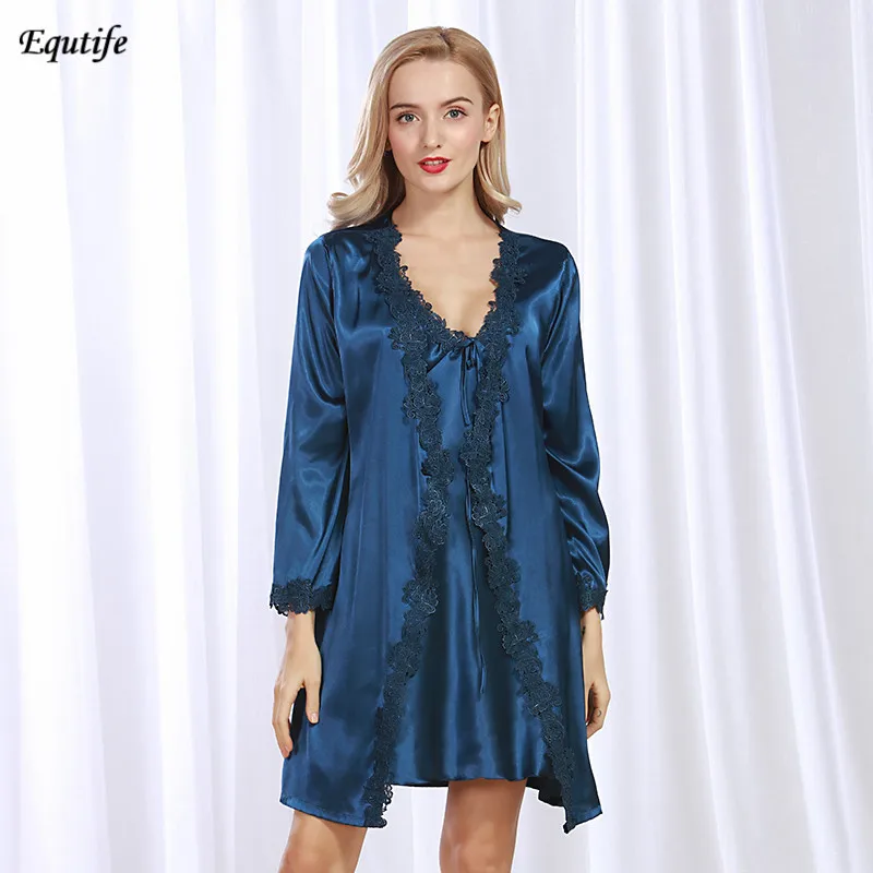 Equtife роскошный стиль набор женских халатов пижамы кардиган платье Весна Осень кружева сексуальный халат Домашняя одежда ночная рубашка