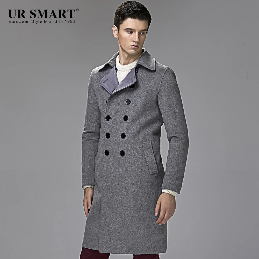 Уличные улицы Парижа URSMART новые стороны носить мужское шерстяное пальто в длинный светильник серое пальто