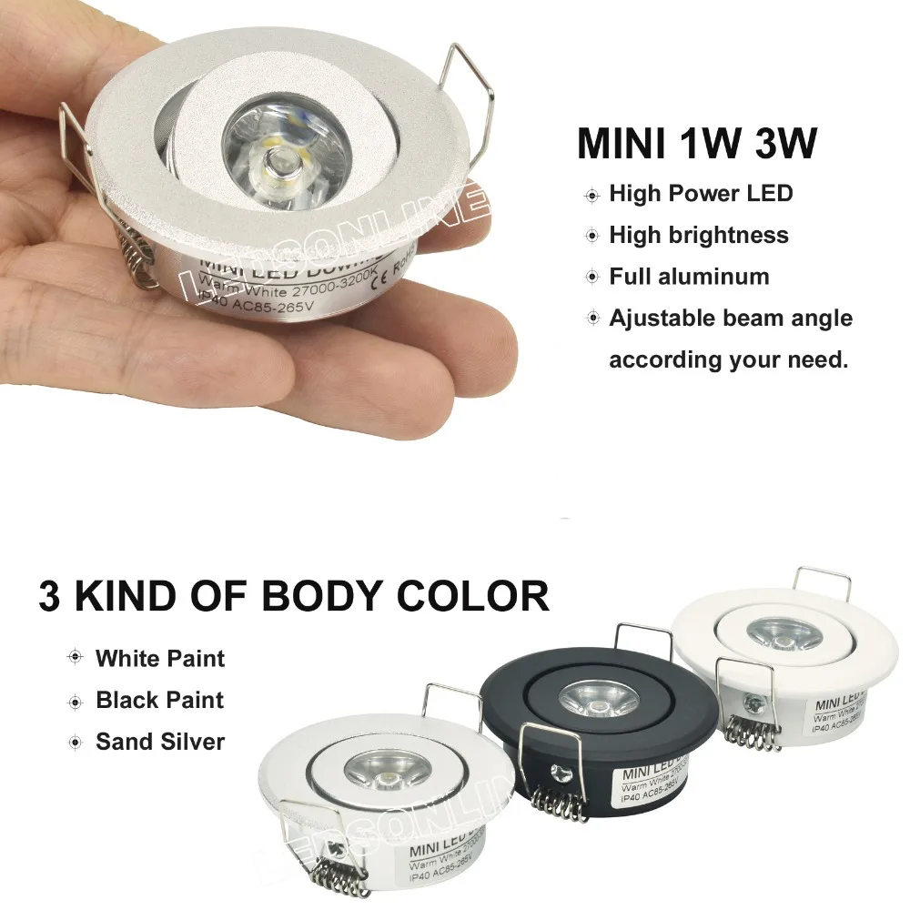 10pc 1W Mini led Downlight Cabinet Recessed Spot light led Driver Pure Nature Warm white and White Silver Black body AC85-265V