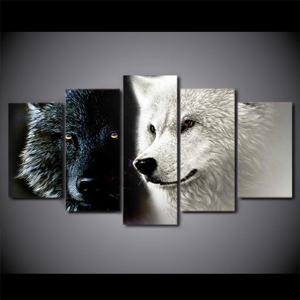 5 Pcs/Set Framed HD Printed Abstract Black White Wolf Couple Canvas Art