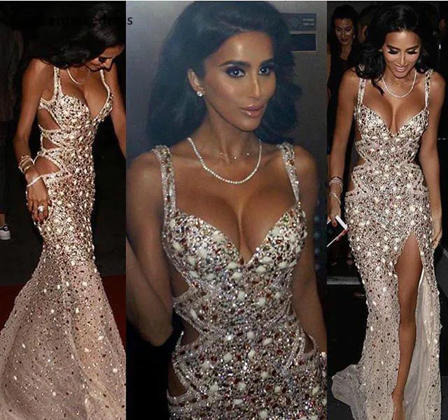 Fantastic Crystals Beads Sequined Evening Dresses Luxury Sexy High Front Split Spaghetti Straps Cutaway Sides Backless Vestidos Prom BC1017  195 (5)