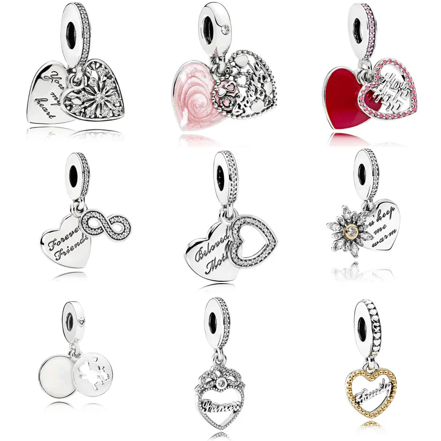 

2018 Spring 100% 925 Silver Pink Heart LOVE Mom's Pendant Charm Fit Original pandora Bracelet Bead Necklace Pendant DIY Jewelry