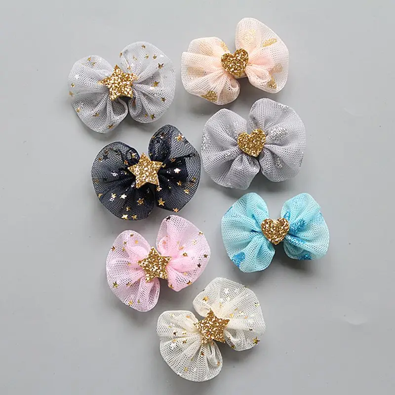 

Boutique 40pcs Fashion Cute Glitter Heart/Star Bow Hairpins Solid Kawaii Mini Gauze Bowknot Hair Clips Headwear Hair Accessories