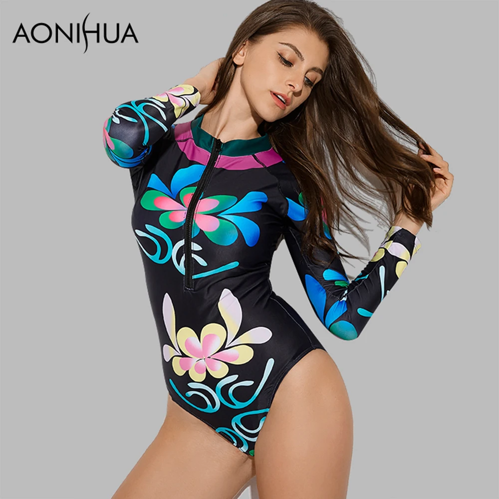 

AONIHUA Swimsuit For Women 2018 Black printing Front Zipper Vintage One Piece Swimwear Long Sleeve Swimming Suit Beach Wear XL