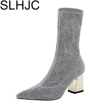 

SLHJC Autumn Winter Boots High Chunky Heel Sock Stocking Boots Mid Calf Stretch Pointed Toe Short Pumps Metal Heel Woman Shoes
