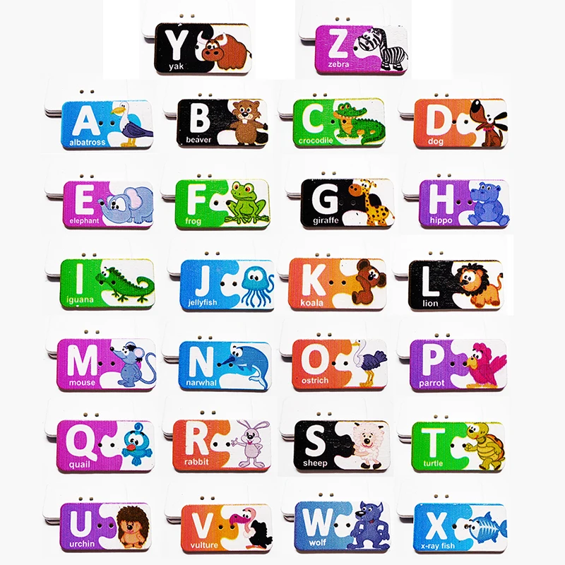 

ZIEENE Mixed 200PCs Painting Animals Words Alphabet A-Z Wood Tags Wooden Buttons White Sewing Scrapbooking For Handmade 40x20mm