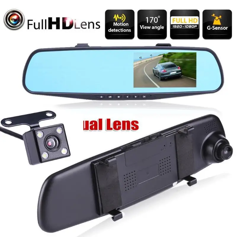 

FHD 1080P 4.3 inch Dual Lens Car DVR Rear View Mirror Dash Cam Video Camera Loop-Cycle Recording Car DVR Camera