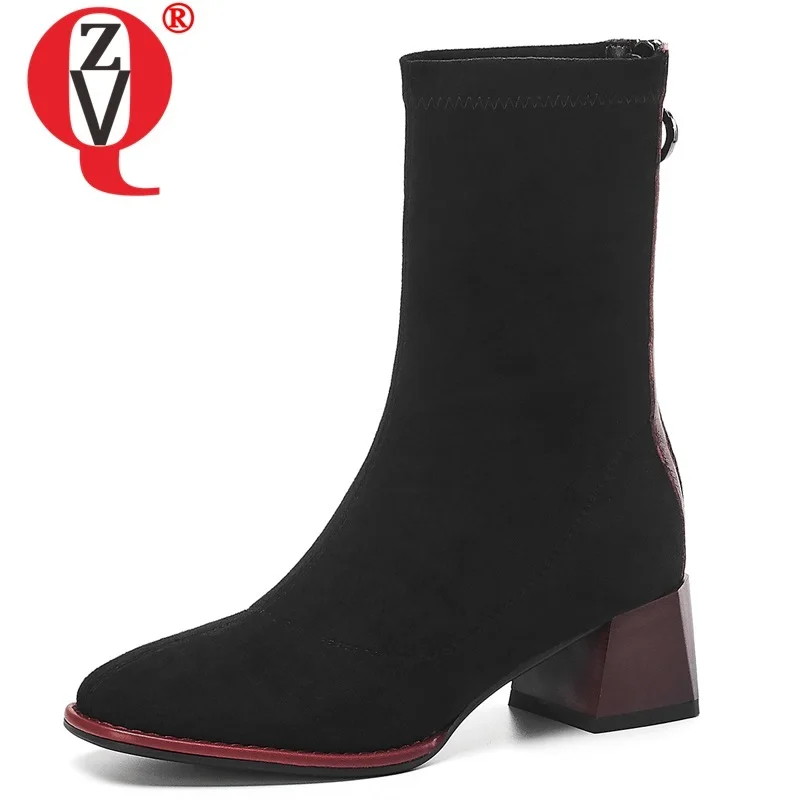 

ZVQ woman shoes 2019 winter new fashion sexy square toe flock mid calf boots outside mid heels zip ladies shoes drop shipping