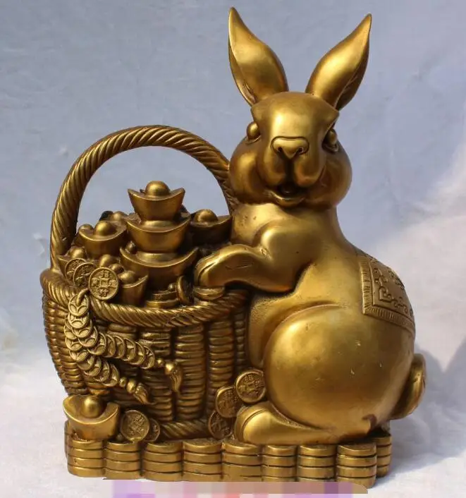 

S00264 30CM Chinese Bronze Wealth Tub Bucket Money YuanBao Rabbit Bunny Rabbits Statue (B0413)